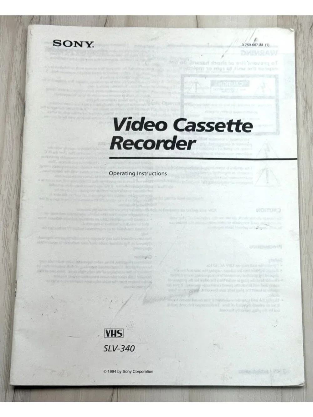 1994 SONY Video Cassette Recorder VCR Manual OPERATING INSTRUCTIONS Only SLV-340